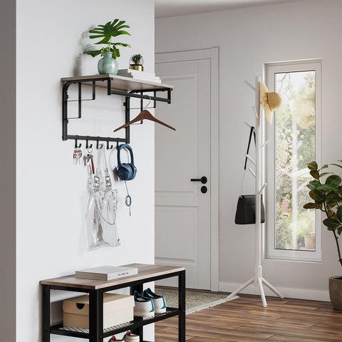 Rootz Coat Rack - Wall Coat Rack With Shelf - 5 Removable Hooks - Wall-mounted - Entryway Storage Organizer - Shelf With Hooks For Coats - Chipboard - Steel - Greige Black - 66 x 30 x 27 cm (L x W x H)