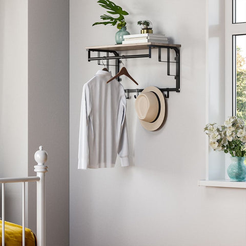Rootz Coat Rack - Wall Coat Rack With Shelf - 5 Removable Hooks - Wall-mounted - Entryway Storage Organizer - Shelf With Hooks For Coats - Chipboard - Steel - Greige Black - 66 x 30 x 27 cm (L x W x H)