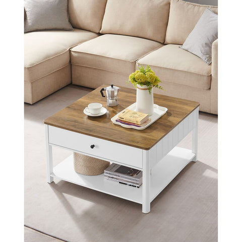Rootz Couchtisch – Couchtisch mit 2 Schubladen – Couchtisch mit Stauraum – Couchtisch mit 2 Schubladen – Couchtisch aus Holz mit Schubladen – Walnussbraun und Weiß – 80 x 80 x 45 cm