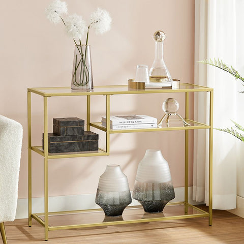 Rootz Console Table - Modern Glass Console Table - Metal Frame Console Table - Industrial Style - Gold - 35 x 100 x 80 cm (D x W x H)