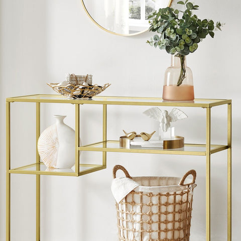 Rootz Console Table - Modern Glass Console Table - Metal Frame Console Table - Industrial Style - Gold - 35 x 100 x 80 cm (D x W x H)
