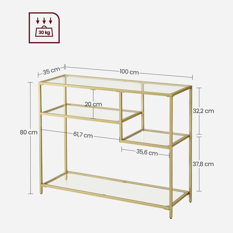 Rootz Console Table - Modern Glass Console Table - Metal Frame Console Table - Industrial Style - Gold - 35 x 100 x 80 cm (D x W x H)
