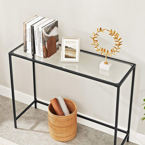 Rootz Consoletafel - Consoletafel met gehard glas - Haltafel - Haltafel - Banktafel - Moderne Consoletafel - Industriële Haltafel - Accenttafel - Metaal - Glas - Zwart - 100 x 35 x 80 cm (L x B x H)