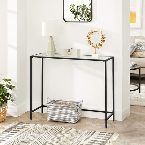 Rootz Consoletafel - Consoletafel met gehard glas - Haltafel - Haltafel - Banktafel - Moderne Consoletafel - Industriële Haltafel - Accenttafel - Metaal - Glas - Zwart - 100 x 35 x 80 cm (L x B x H)
