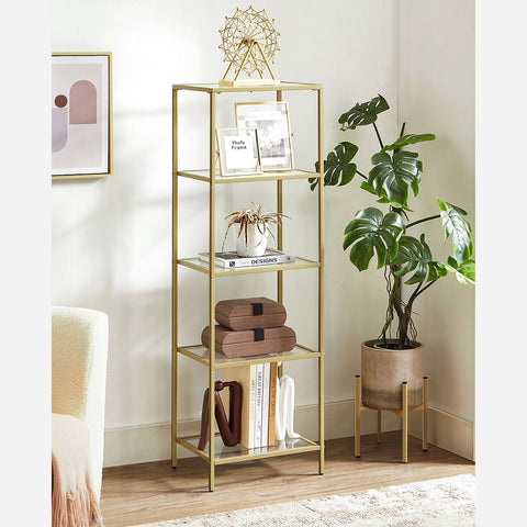 Rootz Standregal – Standregal mit 5 Glasböden – Regaleinheit – 5-stufiges Standregal – Stahl/gehärtetes Glas – Gold – 40 x 30 x 124,5 cm