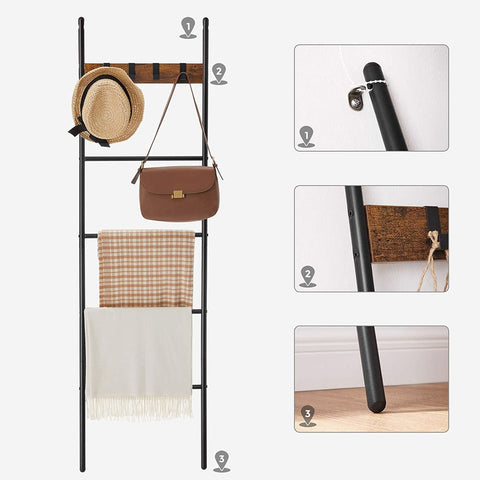 Rootz Handdoekladder - Industriële Stijl Handdoekladder met Haken - Badkamer Handdoekladder - Vrijstaande Handdoekladder - Handdoekopbergladder - Spaanplaat - Staal - Bruin-zwart - 44 x 160 cm (B x H)
