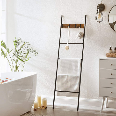 Rootz Handdoekladder - Industriële Stijl Handdoekladder met Haken - Badkamer Handdoekladder - Vrijstaande Handdoekladder - Handdoekopbergladder - Spaanplaat - Staal - Bruin-zwart - 44 x 160 cm (B x H)