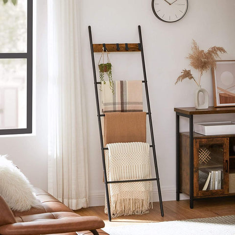 Rootz Handdoekladder - Industriële Stijl Handdoekladder met Haken - Badkamer Handdoekladder - Vrijstaande Handdoekladder - Handdoekopbergladder - Spaanplaat - Staal - Bruin-zwart - 44 x 160 cm (B x H)