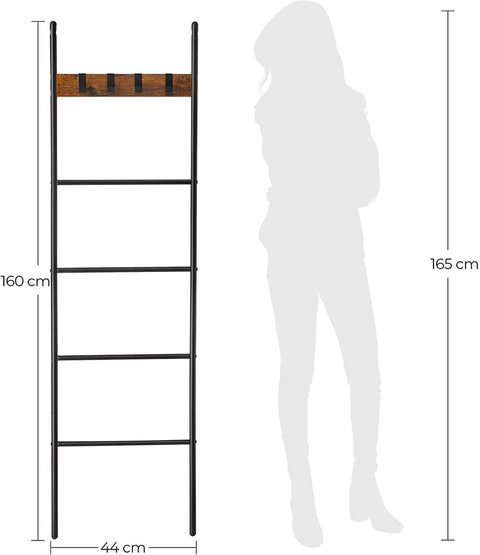 Rootz Handdoekladder - Industriële Stijl Handdoekladder met Haken - Badkamer Handdoekladder - Vrijstaande Handdoekladder - Handdoekopbergladder - Spaanplaat - Staal - Bruin-zwart - 44 x 160 cm (B x H)