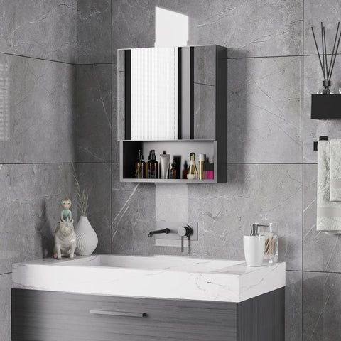 Rootz Mirror Cabinet - 2 Inner Shelves - Open Shelf - Steel Housing - Black - 46 x 13.5 x 58 cm