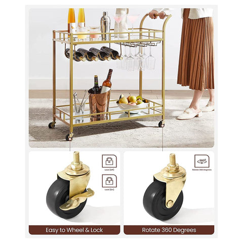 Rootz Servierwagen – Servierwagen mit Glasplatten – Barwagen – rollender Servierwagen – Küchenwagen – stilvoller Servierwagen – industrieller Servierwagen – Stahl – verspiegeltes Glas – Gold – 80 x 38 x 77,5 cm (L x B x H)