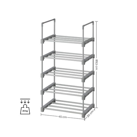 Rootz Shoe Rack - Shoe Rack With 5 Shelves - Large Shoe Rack - Shoe Organizer - Shoe Storage Rack - Shoe Display Rack - Metal Tubes/plastic Connectors - Grey - 45 x 30 x 89.5 cm