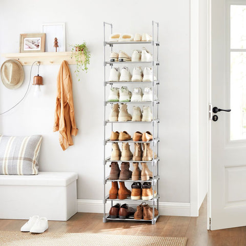 Rootz Shoe Rack - Shoe Rack With 10 Shelves - Large Shoe Rack - Shoe Organizer - Shoe Storage Rack - Shoe Display Rack - Metal Tubes/plastic Connectors - Grey - 45 x 30 x 174 cm