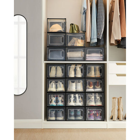 Rootz Shoe Boxes - Set Of 12 Shoe Boxes - Foldable Shoe Storage Boxes - Plastic Shoe Organizers - Shoe Protectors - ABS Frame - Transparent White - 35 x 25.0 x 18.5 cm