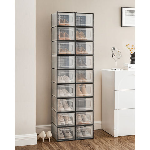 Rootz Shoe Boxes - Set Of 12 Shoe Boxes - Foldable Shoe Storage Boxes - Plastic Shoe Organizers - Shoe Protectors - ABS Frame - Transparent White - 35 x 25.0 x 18.5 cm