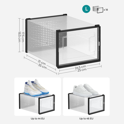 Rootz Shoe Boxes - Set Of 12 Shoe Boxes - Foldable Shoe Storage Boxes - Plastic Shoe Organizers - Shoe Protectors - ABS Frame - Transparent White - 35 x 25.0 x 18.5 cm