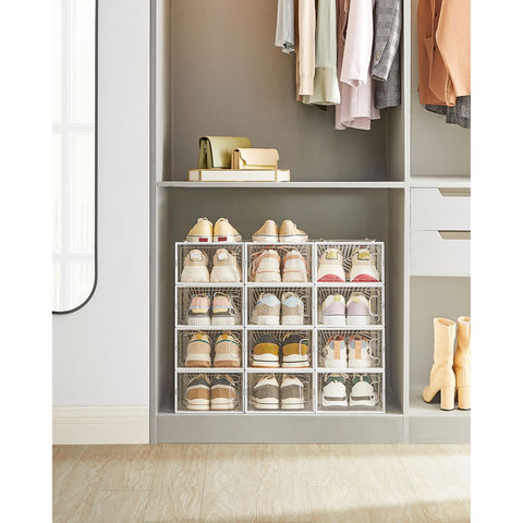 Rootz Shoe Boxes - Set Of 12 Shoe Boxes - Foldable Shoe Storage Boxes - Plastic Shoe Organizers - Shoe Protectors - ABS Frame - Transparent White - 33.5 x 23 x 14 cm