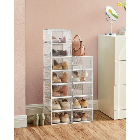 Rootz Shoe Boxes - Set Of 12 Shoe Boxes - Foldable Shoe Storage Boxes - Plastic Shoe Organizers - Shoe Protectors - ABS Frame - Transparent White - 33.5 x 23 x 14 cm