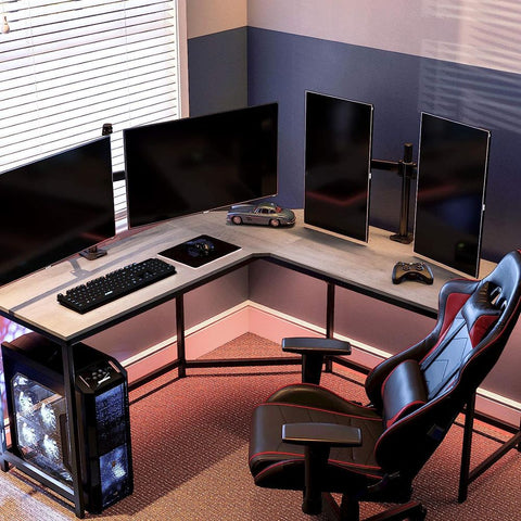 Rootz computerbureau - L-vormig computerbureau - bureau - gamingbureau - hoekcomputerbureau - ergonomisch computerbureau - thuiskantoor - bureau - spaanplaat - staal - greige zwart - 149 x 149 x 75 cm (L x B x H )