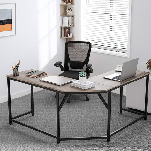 Rootz computerbureau - L-vormig computerbureau - bureau - gamingbureau - hoekcomputerbureau - ergonomisch computerbureau - thuiskantoor - bureau - spaanplaat - staal - greige zwart - 149 x 149 x 75 cm (L x B x H )