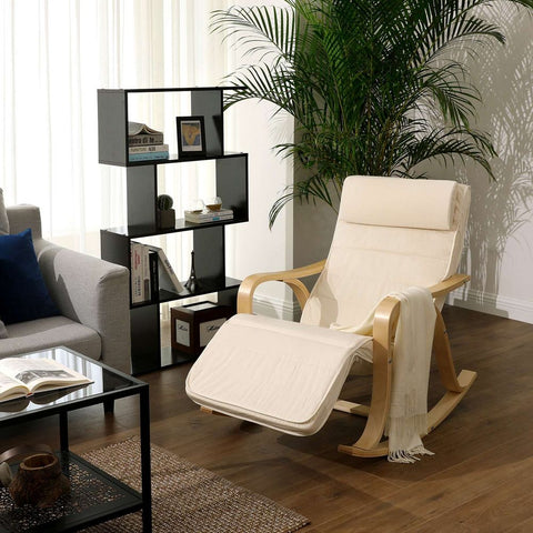 Rootz Rocking Chair - Birch Wood Rocking Chair - Ergonomic Rocking Chair - Garden Rocking Chair - Balcony - Foam Padding - Cotton Cover - Beige - 67 x 125 x 91 cm (L x W x H)