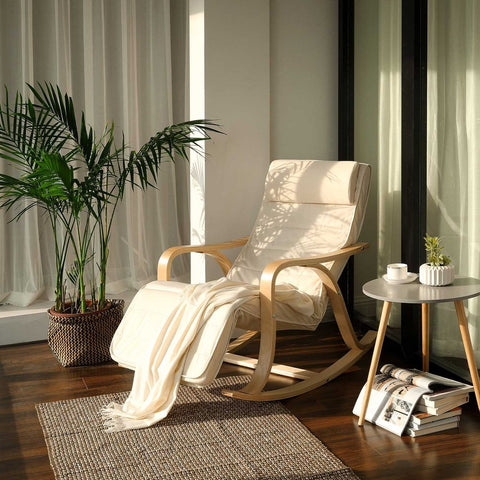 Rootz Rocking Chair - Birch Wood Rocking Chair - Ergonomic Rocking Chair - Garden Rocking Chair - Balcony - Foam Padding - Cotton Cover - Beige - 67 x 125 x 91 cm (L x W x H)