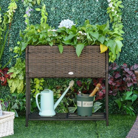 Rootz Raised Bed - Flower Box - Rattan Raised Bed With Shelf - Metal - Brown - 70 x 30 x 72 cm