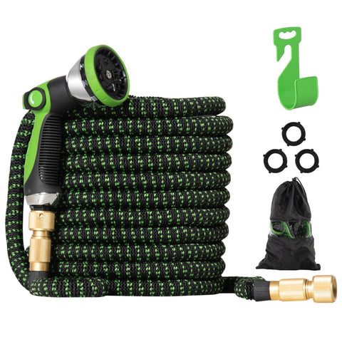 Rootz Flexibler Gartenschlauch – 22,5 m mit 10 Funktionen Sprühdüse – Wasserschlauch mit 1/2 Zoll – 3/4 Zoll Anschlussschlauch dehnbar für Autowäsche – Dunkelgrün + Schwarz