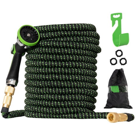 Rootz Flexible Garden Hose - 30 M With 10 Functions Spray Nozzle - Water Hose With 1/2 Inch - 3/4 Inch Connection Hose Stretchable For Car Wash - Green + Black