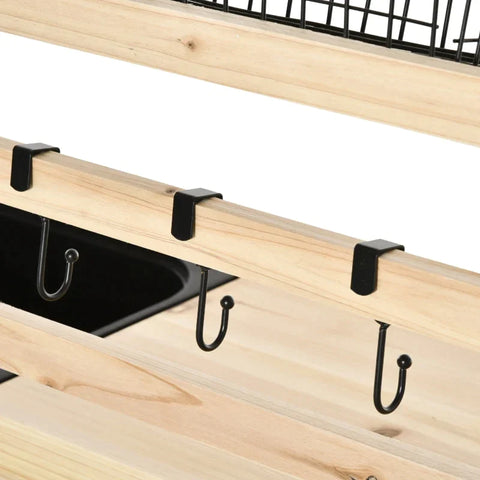 Rootz Planting Table - Gardening Table with Wash Basin - Wooden Flower Table with Drawer - Hook - Basket - Shelf - Garden - Terrace - Natural - 107.5 x 46 x 142 cm
