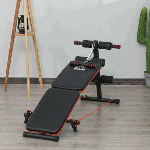 Rootz Sit Up Bench - Abdominal Trainer - Training Bench - Training Ropes - Adjustable & Foldable - Black/Red - 137 x 51 x 50-66 cm