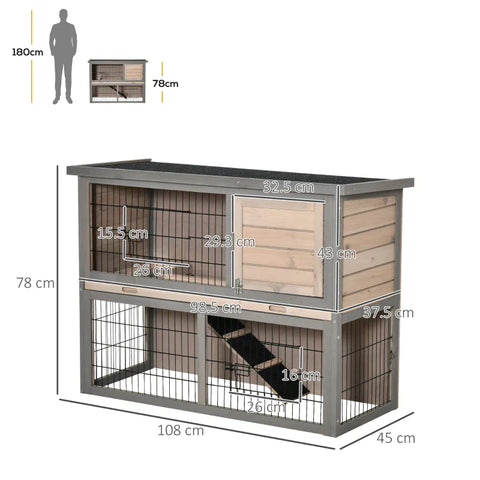 Rootz Dwarf Rabbit Hutch - Rabbit Hutch - Small Animal Hutch - Small Animal House - Fir Wood -Light Gray/Black - 108 x 45 x 78cm