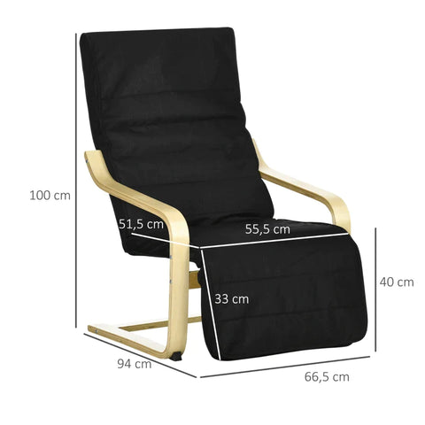 Rootz Relaxation Chair - Lounger - Adjustable Footrest - Cushion - Cotton Fabric - Wood + Black - 66.5 x 94 x 100cm
