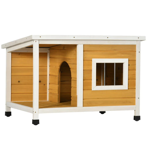 Rootz Dog House with Porch - Opening Roof - Window - Adjustable Feet - Natural Wood - Orange - 85.5 x 62 x 60 cm
