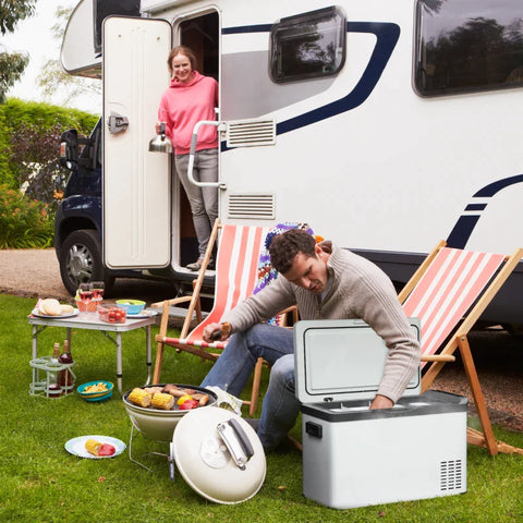 Rootz Car Cooler Box - 30L with LCD Display - Compressor - Car Fridge - Electric Boat Camper - Travel - 12/24V DC and 110-240V AC - White - 61L x 32W x 40H cm