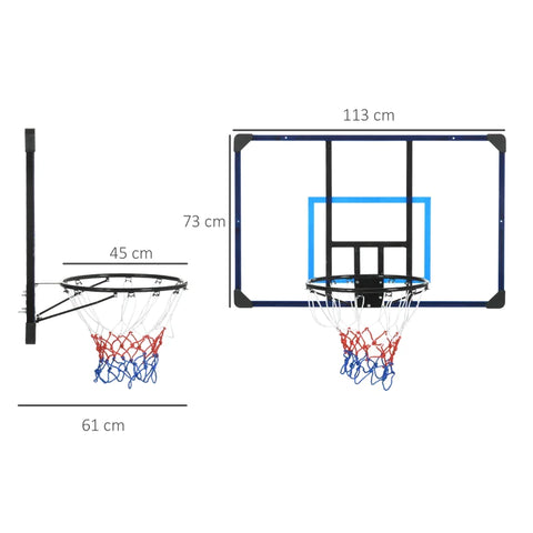 Rootz Basketball Hoop - Basketball Stand - Universal Wall Mount - Tear-resistant Net - Stainless Steel Frame - Black + Blue + Clear - 113 x 61 x 73 cm
