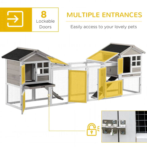 Rootz 2 in 1 Wooden Rabbit Hutch - Double Main House Guinea Pig Cage - Bunny Run - Small Animal House with Run Box - Slide-out Tray - Ramp - Grey - 259 x 64 x 92cm