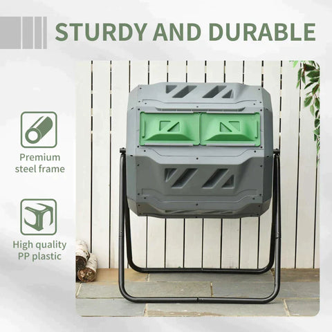 Rootz 2 Bin Compost Bin - 160L Capacity - Rotating Compost Bin - Gray + Green + Black - 71cm x 65cm x 96cm