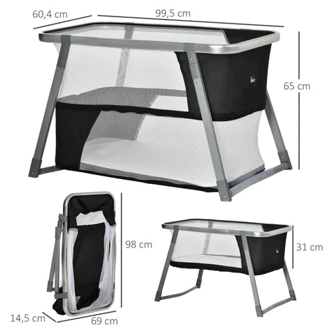 Rootz Babybett – Reisebett – Babywiege – Laufstall – faltbar – mit Matratze – Aluminium/Stahl/Netz/Kunststoff – Schwarz + Weiß – 99,5 x 60,4 x 65 cm