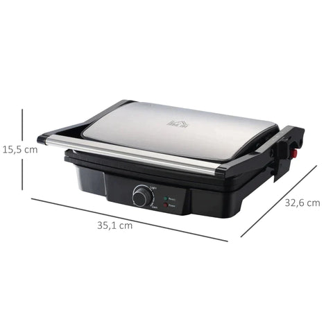 Rootz 3-1 Function Contact Grill - Electric Grill For 4 Slices - Indoor Grill - Non-stick Coated Table Grill With Adjustable Thermostat - Aluminum - Steel - Silver + Black - 35.1 x 32.6 x 15.5 cm