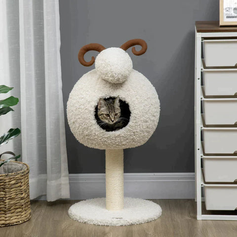 Rootz Scratching Post - With Cat House - Cat Tree - Sheep Design Including Cat Cave - Washable Cushion - Cream White/Brown
