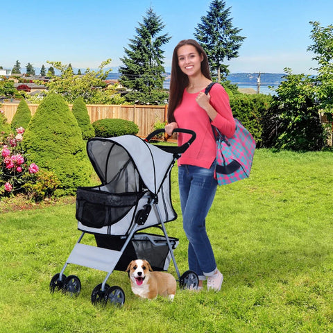 Rootz Dog Stroller - Pet Stroller - Dog Buggy - Foldable Pet Stroller - Dog Travel Buggy - Compact Pet Carriage - Silver - 75L x 45W x 97H cm