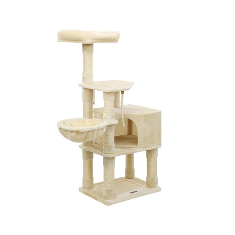 Rootz Cat Tree - Scratching Post With Cave - Scratching Post With Litter Box Cabinet - Cat Climbing Tree - Cat Activity Tree - Cat Play Tree - Modern Cat Tree - Cat Tree House - Chipboard - Plush - Sisal - Beige - 55 x 40 x 138 cm (L x W x H)