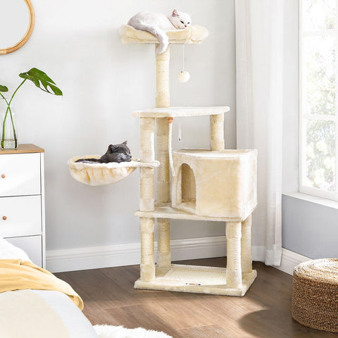 Rootz Cat Tree - Scratching Post With Cave - Scratching Post With Litter Box Cabinet - Cat Climbing Tree - Cat Activity Tree - Cat Play Tree - Modern Cat Tree - Cat Tree House - Chipboard - Plush - Sisal - Beige - 55 x 40 x 138 cm (L x W x H)