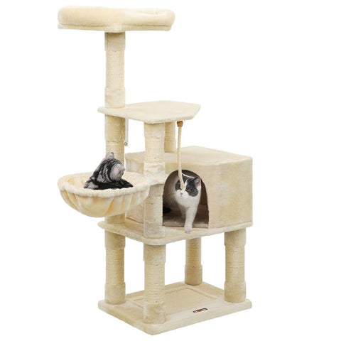 Rootz Cat Tree - Scratching Post With Cave - Scratching Post With Litter Box Cabinet - Cat Climbing Tree - Cat Activity Tree - Cat Play Tree - Modern Cat Tree - Cat Tree House - Chipboard - Plush - Sisal - Beige - 55 x 40 x 138 cm (L x W x H)