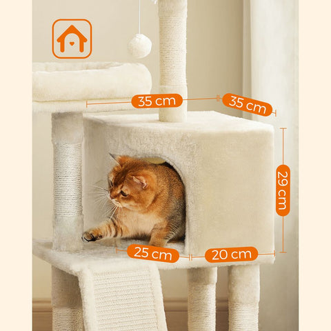 Rootz Scratching Post - Scratching Post With Board - Cat Tree - Cat Climbing Tree - Cat Activity Tree - Cat Play Tree - Modern Cat Tree - Cat Tree House - Chipboard - Plush - Sisal - Beige - 50 x 35 x 115 cm (L x W x H)