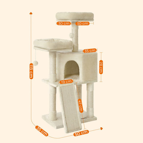 Rootz Scratching Post - Scratching Post With Board - Cat Tree - Cat Climbing Tree - Cat Activity Tree - Cat Play Tree - Modern Cat Tree - Cat Tree House - Chipboard - Plush - Sisal - Beige - 50 x 35 x 115 cm (L x W x H)