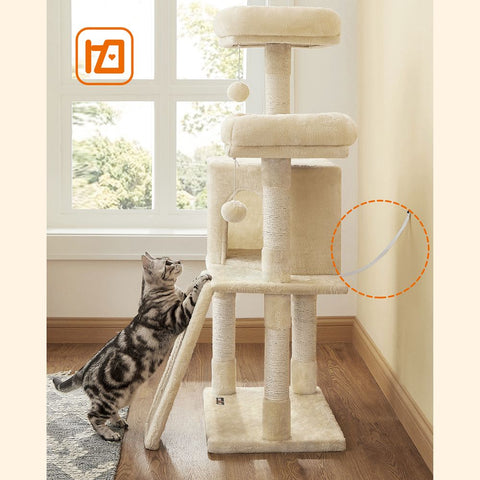 Rootz Scratching Post - Scratching Post With Board - Cat Tree - Cat Climbing Tree - Cat Activity Tree - Cat Play Tree - Modern Cat Tree - Cat Tree House - Chipboard - Plush - Sisal - Beige - 50 x 35 x 115 cm (L x W x H)