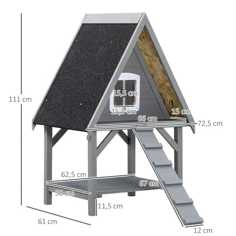 Rootz Cat House - 2 Tier Cat House - Cat Cave - 1 Ramp - Weather Resistant - Dark Gray + Black - 72.5L x 61W x 111H cm