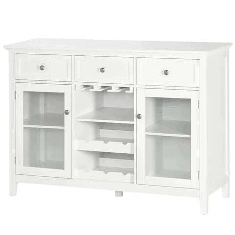 Rootz Sideboard – Buffetschrank – 3 Schubladen – 2 Schrankfächer – Glastüren – Weinregal – Weiß – 120 x 40 x 87 cm